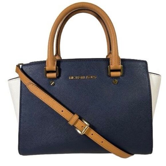 Michael Kors Selma Saffiano Leather Satchel Shoulder Bag Tricolor Navy White Tan - Picture 1 of 16